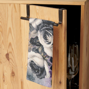 Black and White Roses Geometric Watercolor Style Tea Towel