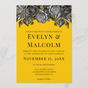 Black and White Roses Goldenrod Wedding Invitation