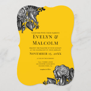 Black and White Roses Goldenrod Wedding Invitation