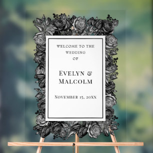 Black and White Roses Gothic Wedding Acrylic Sign