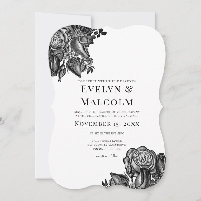 Black and White Roses Gothic Wedding Invitation (Front)