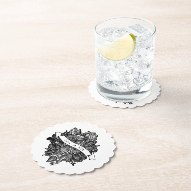 Black and White Roses Gothic Wedding Paper Coaster (Insitu)