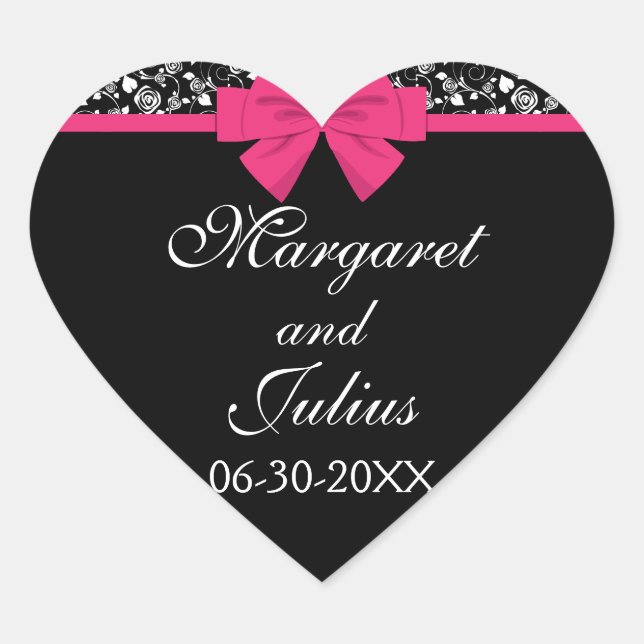 Black and White Roses Pink Bow Heart Sticker (Front)