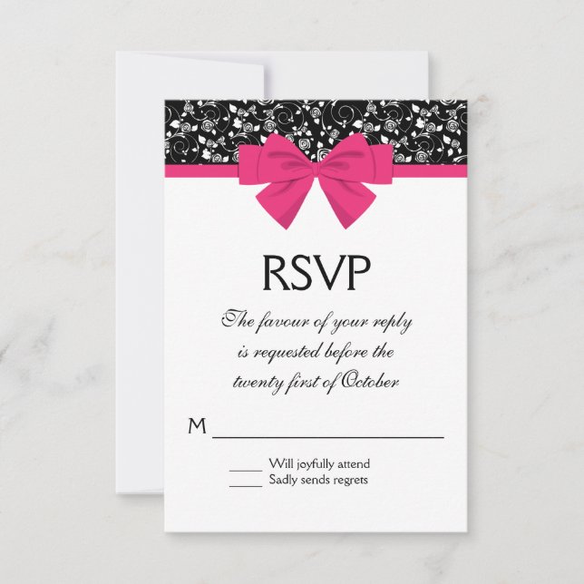 Black and White Roses Pink Bow RSVP Card (Front)