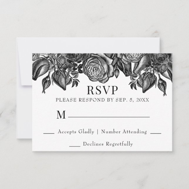 Black and White Roses RSVP Wedding Card (Front)