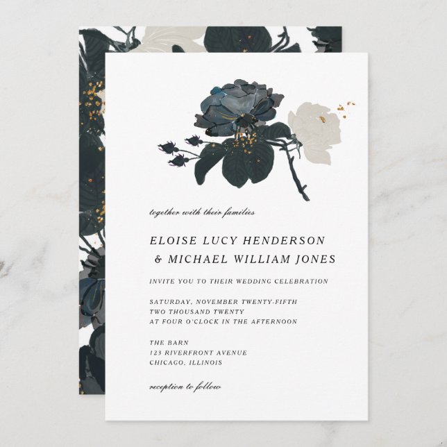 Black and White Roses Wedding Invitation (Front/Back)