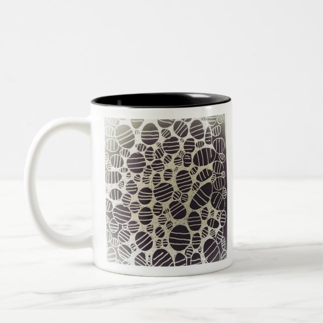 Black and white round abstract art design Two-Tone coffee mug (Left)