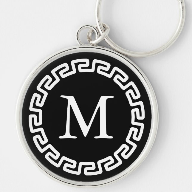Black and White Round Greek Key Border Monogrammed Key Ring (Front)