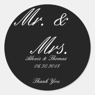 Black and White Round Mr. & Mrs. Wedding Stickers