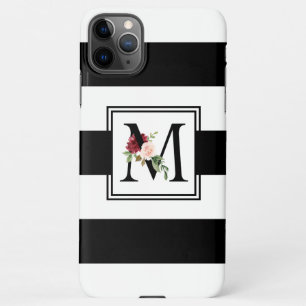 Black and White Rugby Stripes Floral Monogram M iPhone 11Pro Max Case