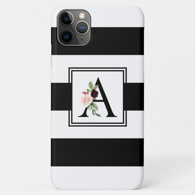 Black and White Rugby Stripes Monogram Initial A Case-Mate iPhone Case (Back)