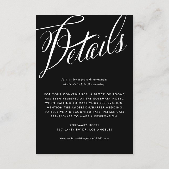 Black and White Rustic Calligraphy Wedding Details Enclosure Card (Front)