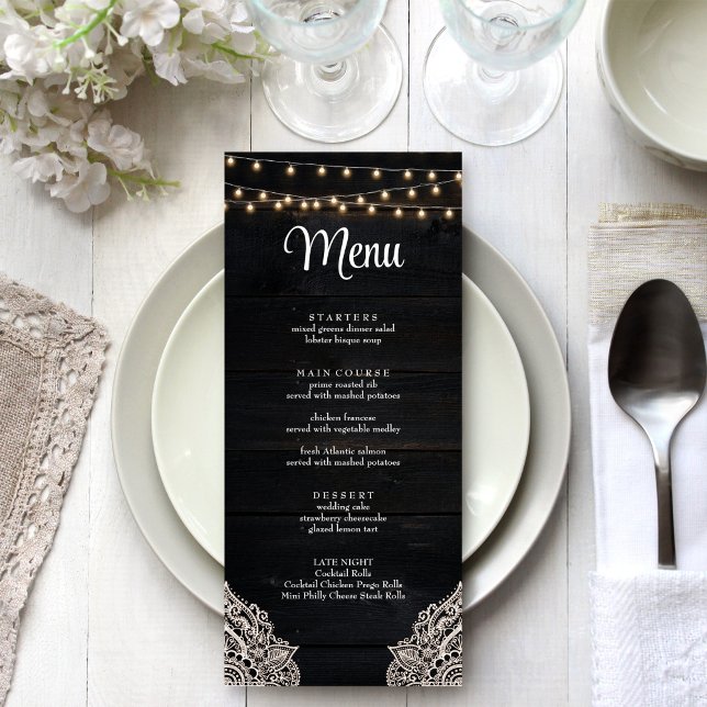 Black and White Rustic Elegance Menu Card (Black and White Rustic Elegance Menu Card on a white wedding table.)