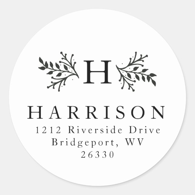 Black and white rustic monogram address sticker (Front)