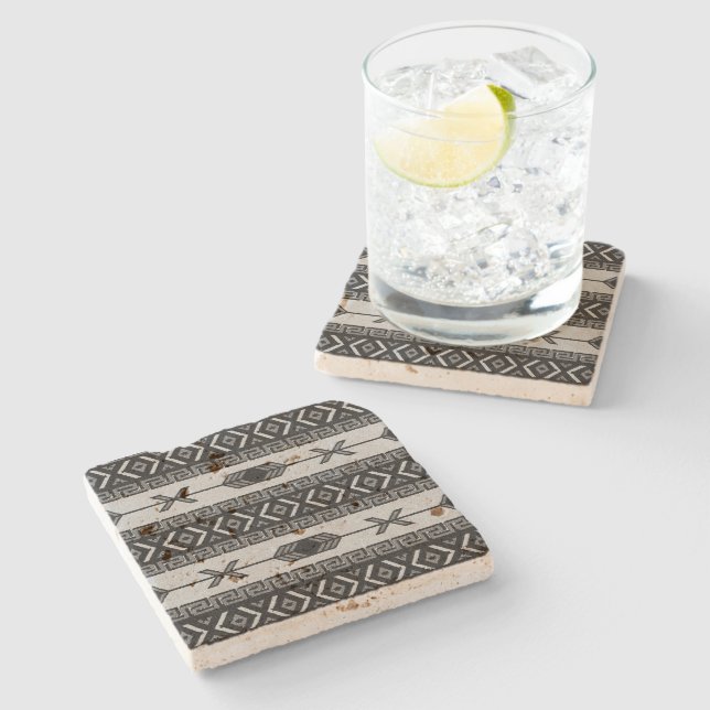 Black And White Rustic Southwestern Aztec Pattern Stone Coaster (Side)