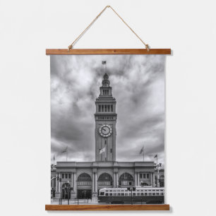Black and White San Francisco Ferry Building Hanging Tapestry