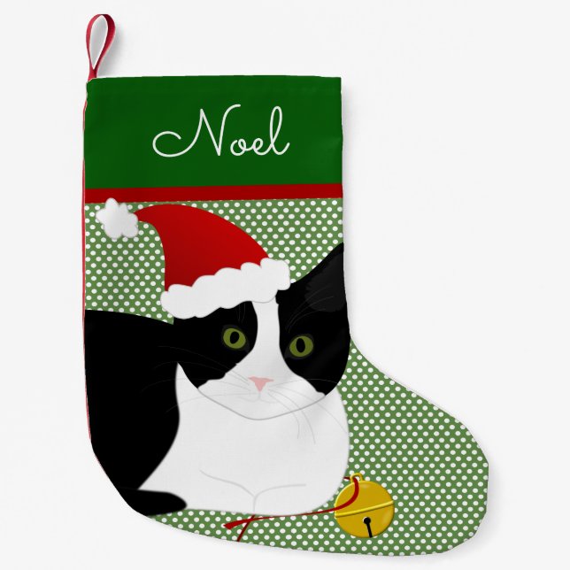 Black And White Santa Cat Personalised Small Christmas Stocking (Front)