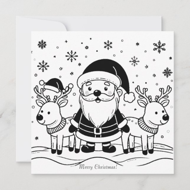 Black and White Santa Claus with Reindeers Holiday Card (Front)