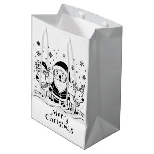 Black and White Santa Claus with Reindeers Medium Gift Bag