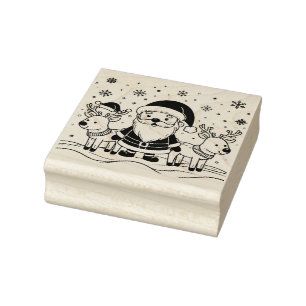 Black and White Santa Claus with Reindeers Rubber Stamp