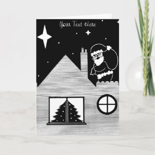 black and white santa with sack on roof christmas holiday card