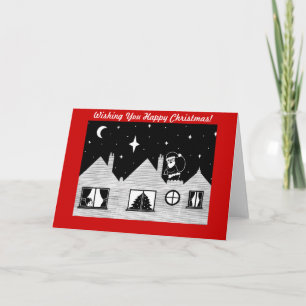 black and white santa with sack on roof christmas holiday card