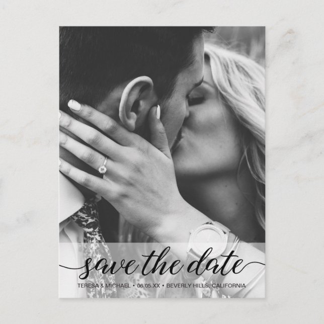 Black and White Save the Date Classic Script Postcard (Front)