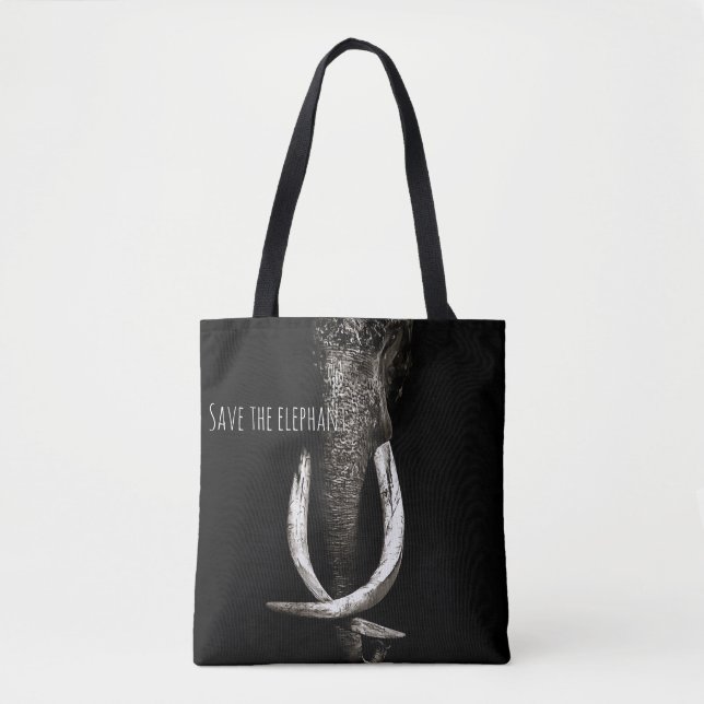 Black and White Save the Elephant Tote Bag (Front)