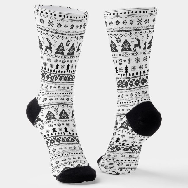 Black and White Scandinavian Nordic Christmas Socks (Angled)