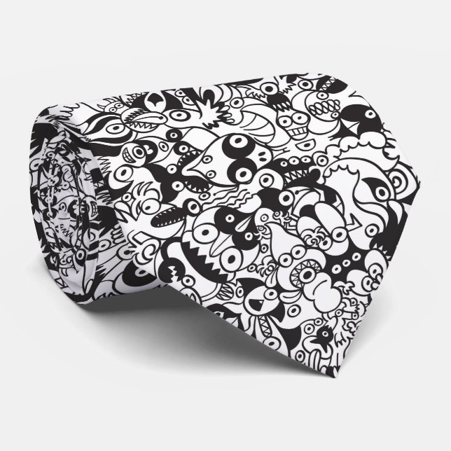 Black and white scary monsters in doodle art style tie (Rolled)