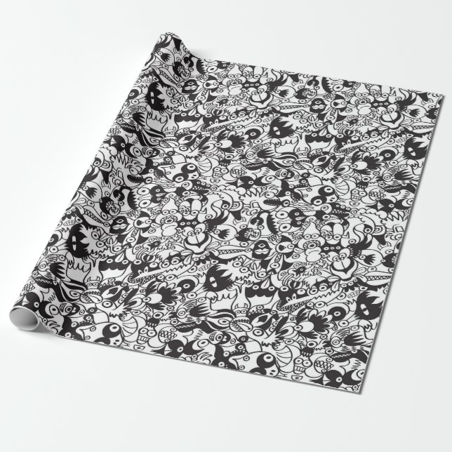 Black and white scary monsters in doodle art style wrapping paper (Unrolled)