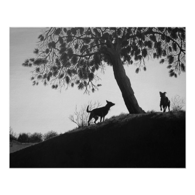 black and white scenic dogs in park landscape art poster (Front)
