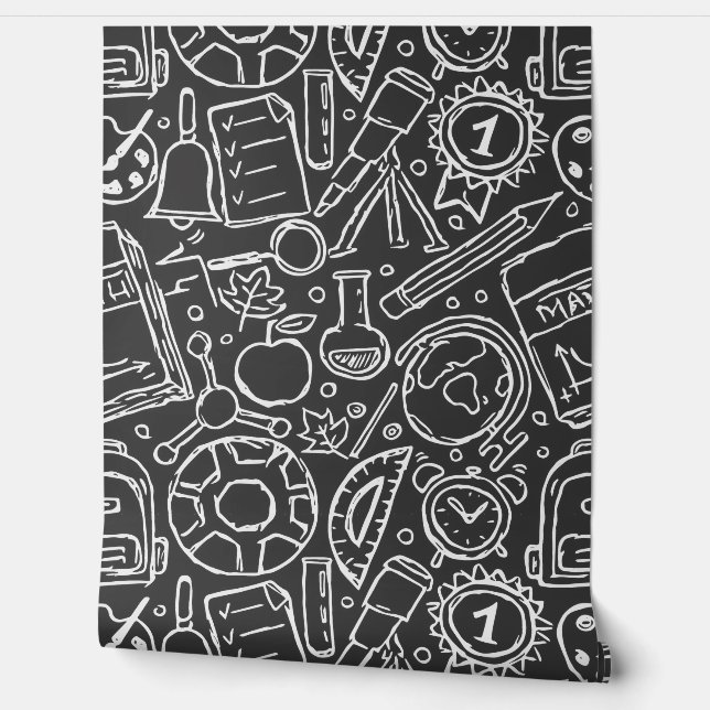 Black and White School Supplies Wallpaper (Unrolling)