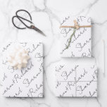 Black and white script calligraphy names wedding wrapping paper sheet<br><div class="desc">Black and white script calligraphy names wedding Wrapping Paper Sheets are available for personalisation. You can add your names to make it unique and special for your wedding. Please be aware that if your names take up more or less space than the default text size, you can customise it by...</div>