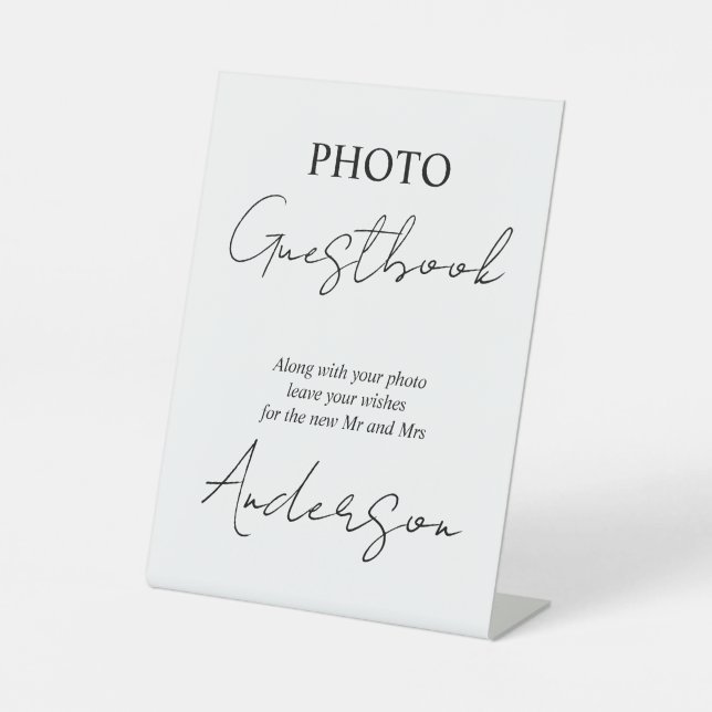 Black and white script calligraphy photo guestbook pedestal sign (Front)
