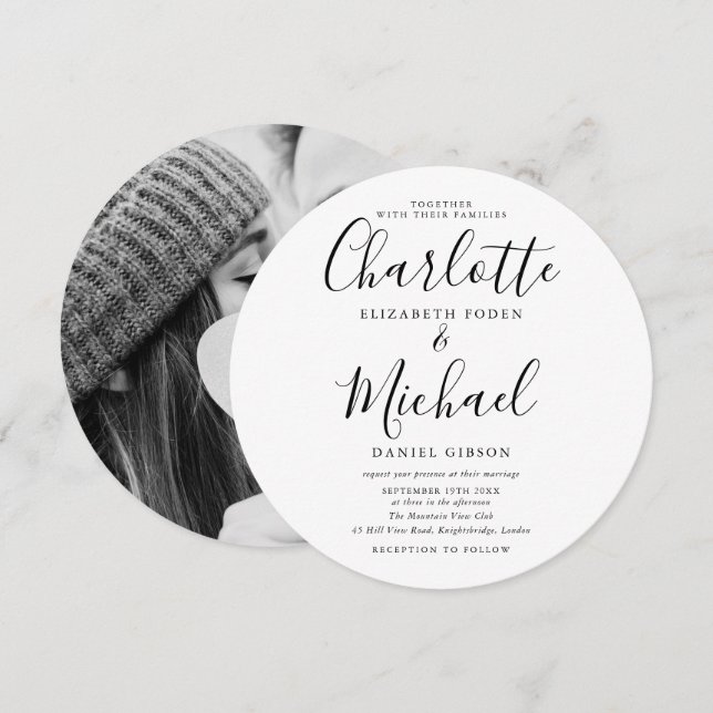 Black And White Script Circular Photo Wedding Invitation (Front/Back)