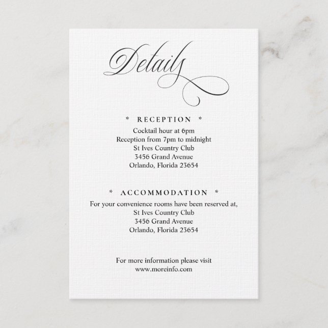 Black and White Script Details Enclosure Card (Front)