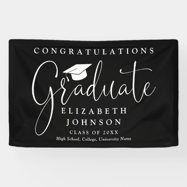 Black And White Script Graduation Party Banner (Horizontal)