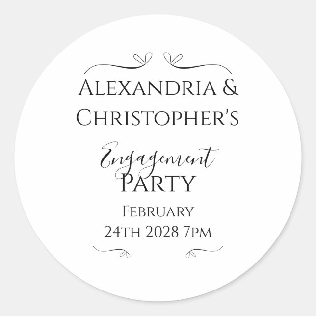 Black and White Script Minimal Engagement Party Classic Round Sticker (Front)