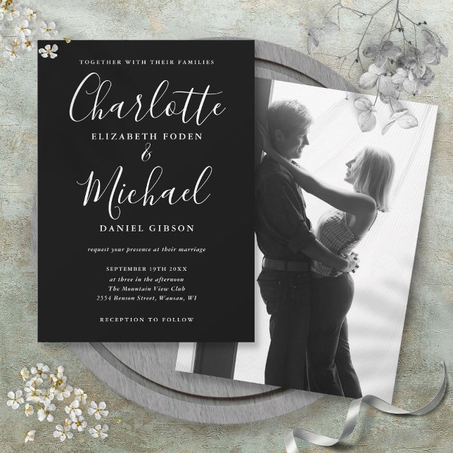 Black And White Script Monochrome Photo Wedding Invitation (Black And White Script Monochrome Photo Wedding Invitation)