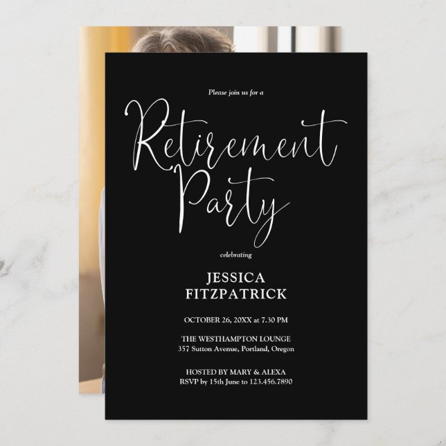 Black And White Script Photo Retirement Party Invitation (Front/Back)