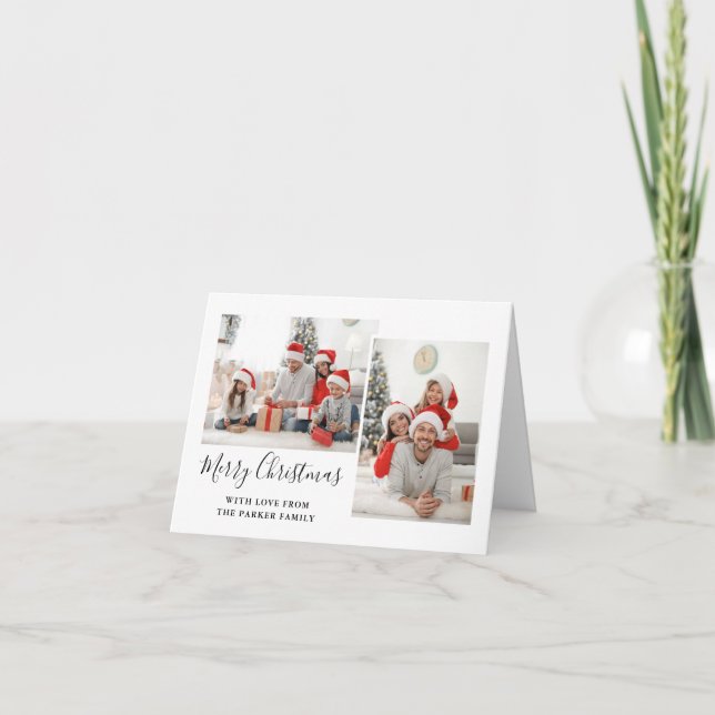 Black and White Script Two Photo Merry Christmas Holiday Card (Front)