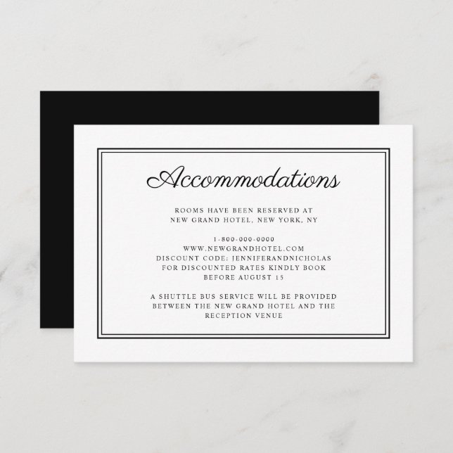 Black And White Script Wedding Accommodation Enclosure Card (Front/Back)