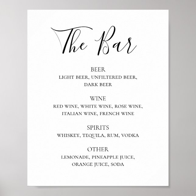 Black and white script wedding drinks bar menu poster (Front)