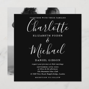 Black And White Script Wedding Monochrome Photo Invitation