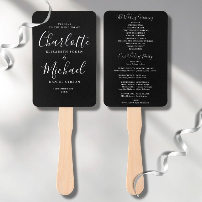 Black And White Script Wedding Program Hand Fan (Creator Uploaded)
