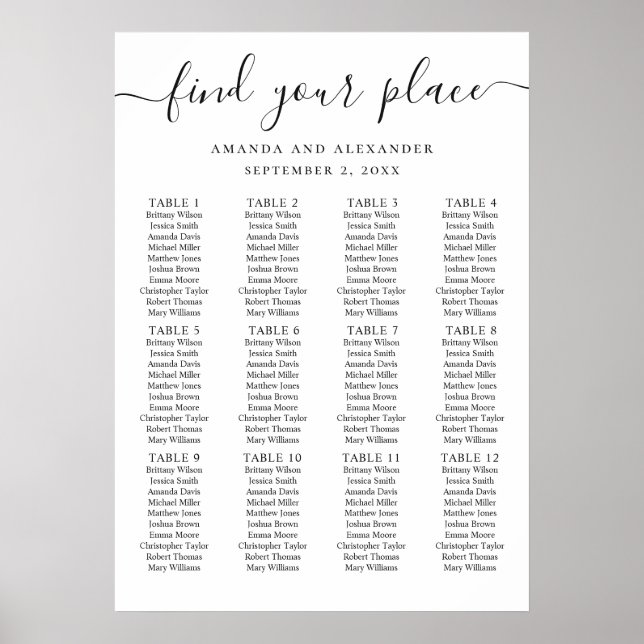 Black and white script wedding seating chart (Front)