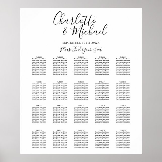 Black And White Script Wedding Seating Chart (Front)