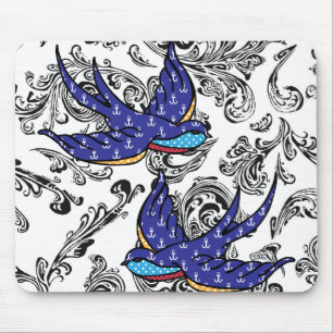 black and white scroll swallows mouse pad