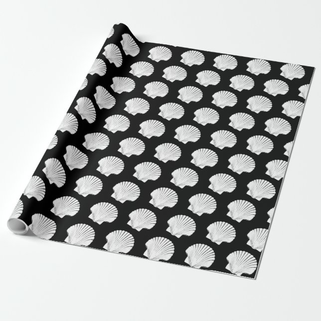 Black  and White Sea Shells Wrapping Paper (Unrolled)